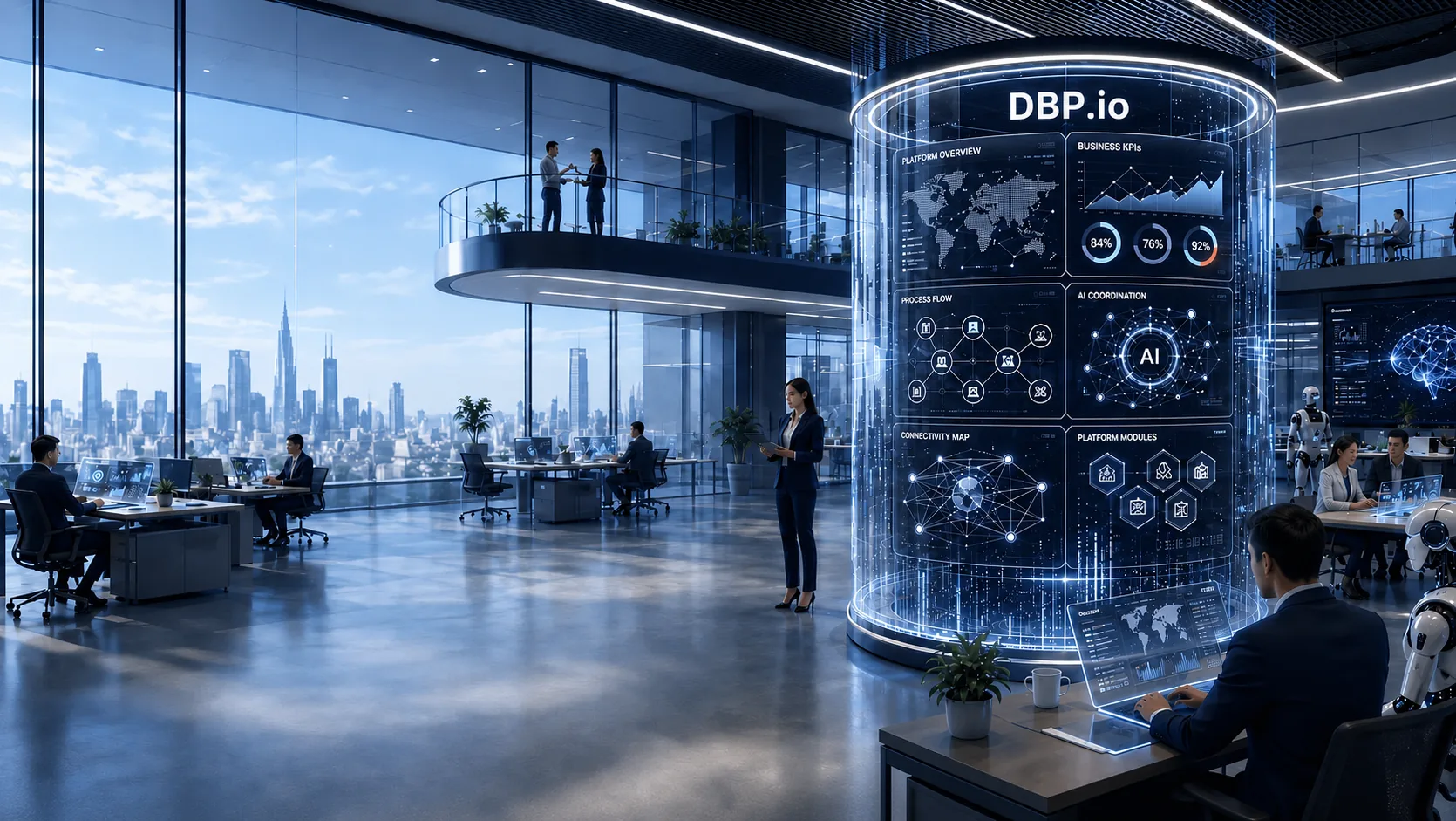 DBP.io Digital Business Platform: a central glowing cylinder dashboard surrounded by humans, AI workers, workflows and intelligent operations
